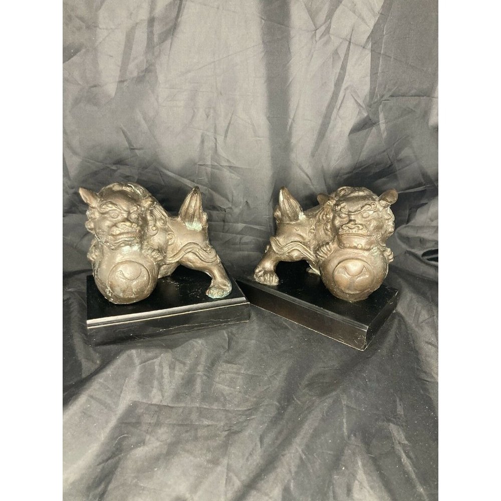 Vtg Asian Brass Foo Dog Lion Bookends Wood Base Patina In Spots